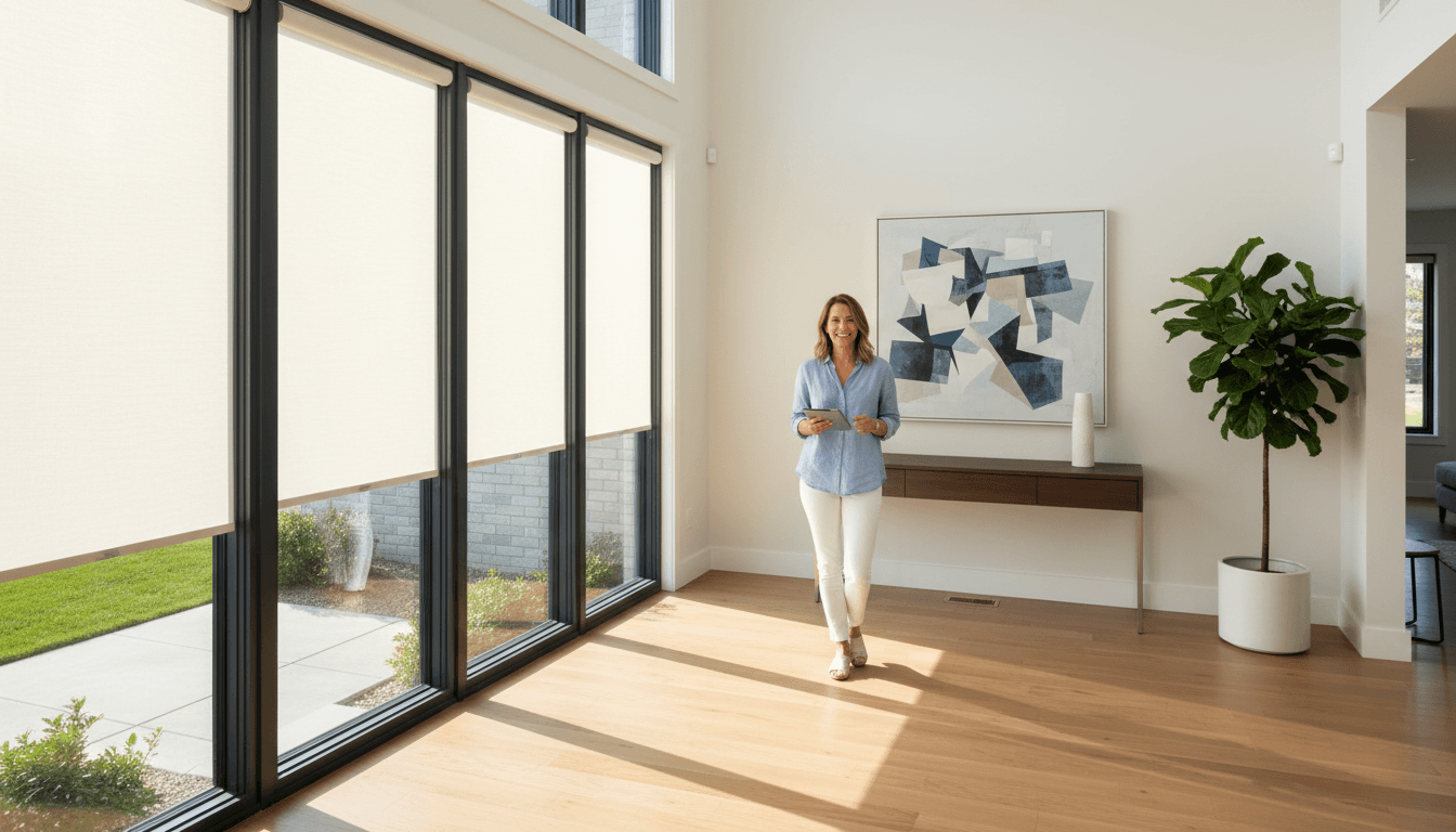 Modern home with large windows and elegant entry door, bright natural daylight