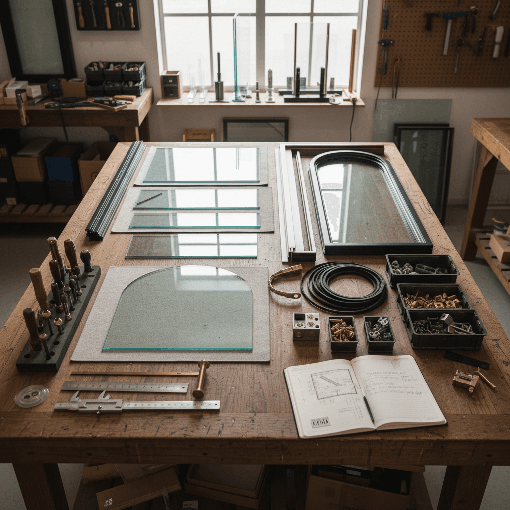 Manufacturing team assembling custom windows and doors
